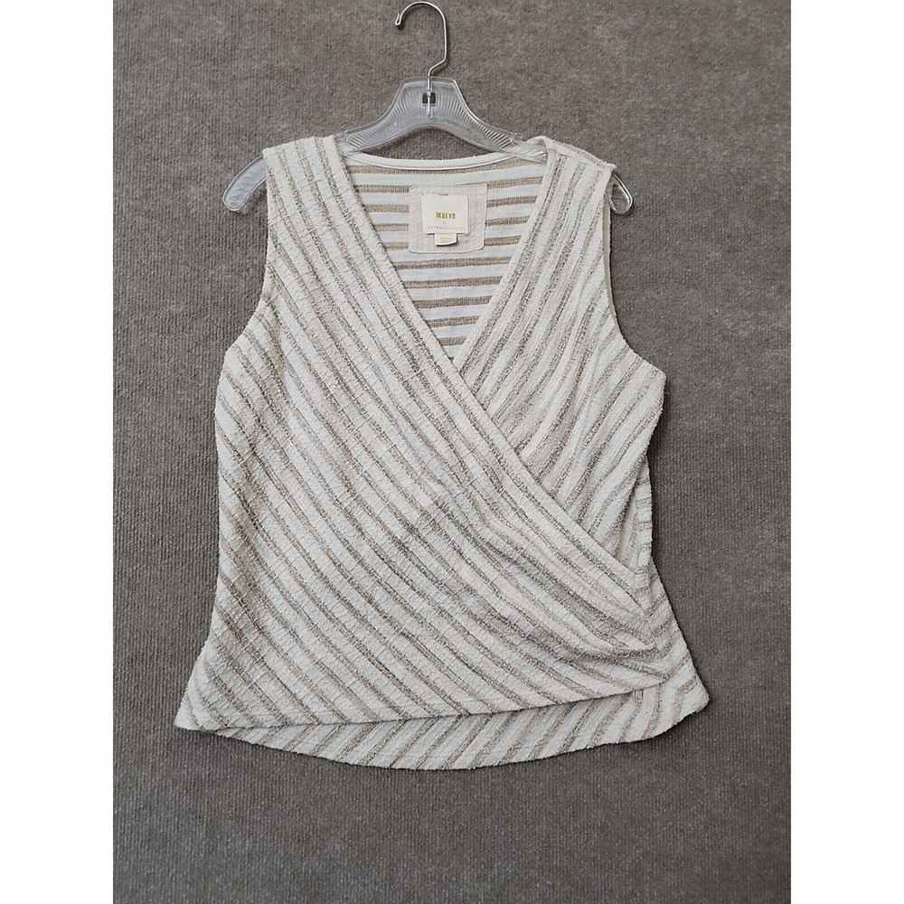 Anthropologie Maeve Womens Top Large Beige White Stripe Boucle Surplice Tank